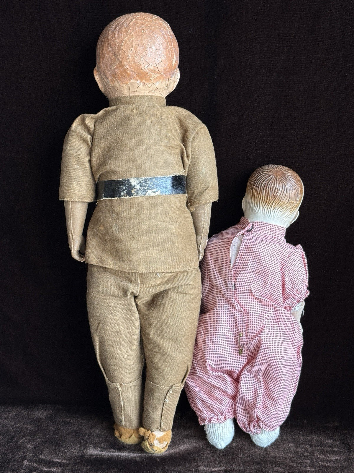Lot of 2 Early Antique American Composition Cloth Straw Filled Dolls