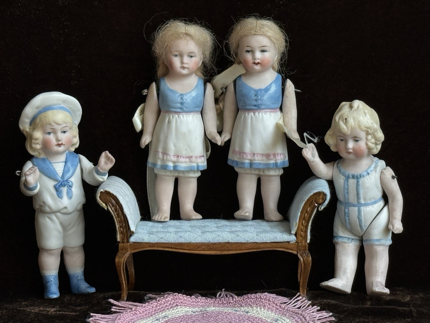 Antique German 4” All Bisque Miniature Dollhouse Doll Molded Outfit