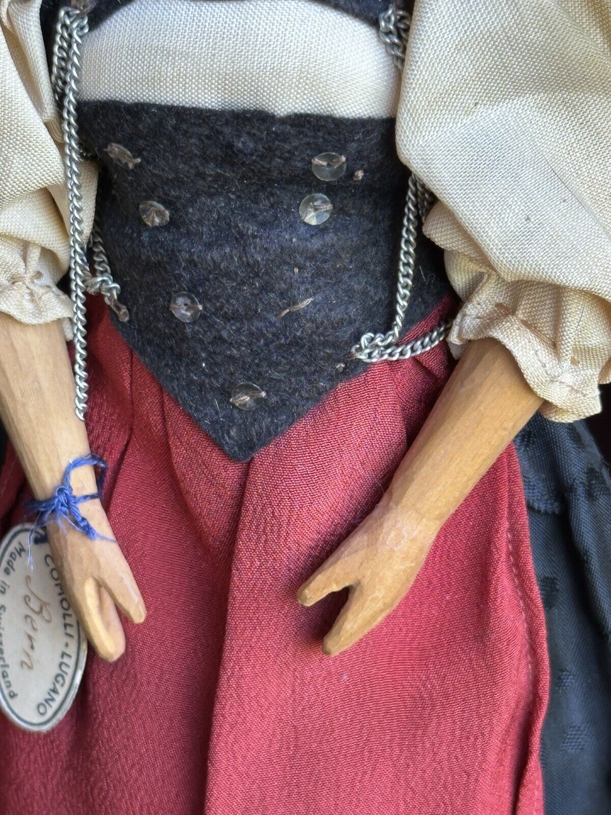 Vintage 10” Swiss Huggler Wood Carved Doll with Original Tag