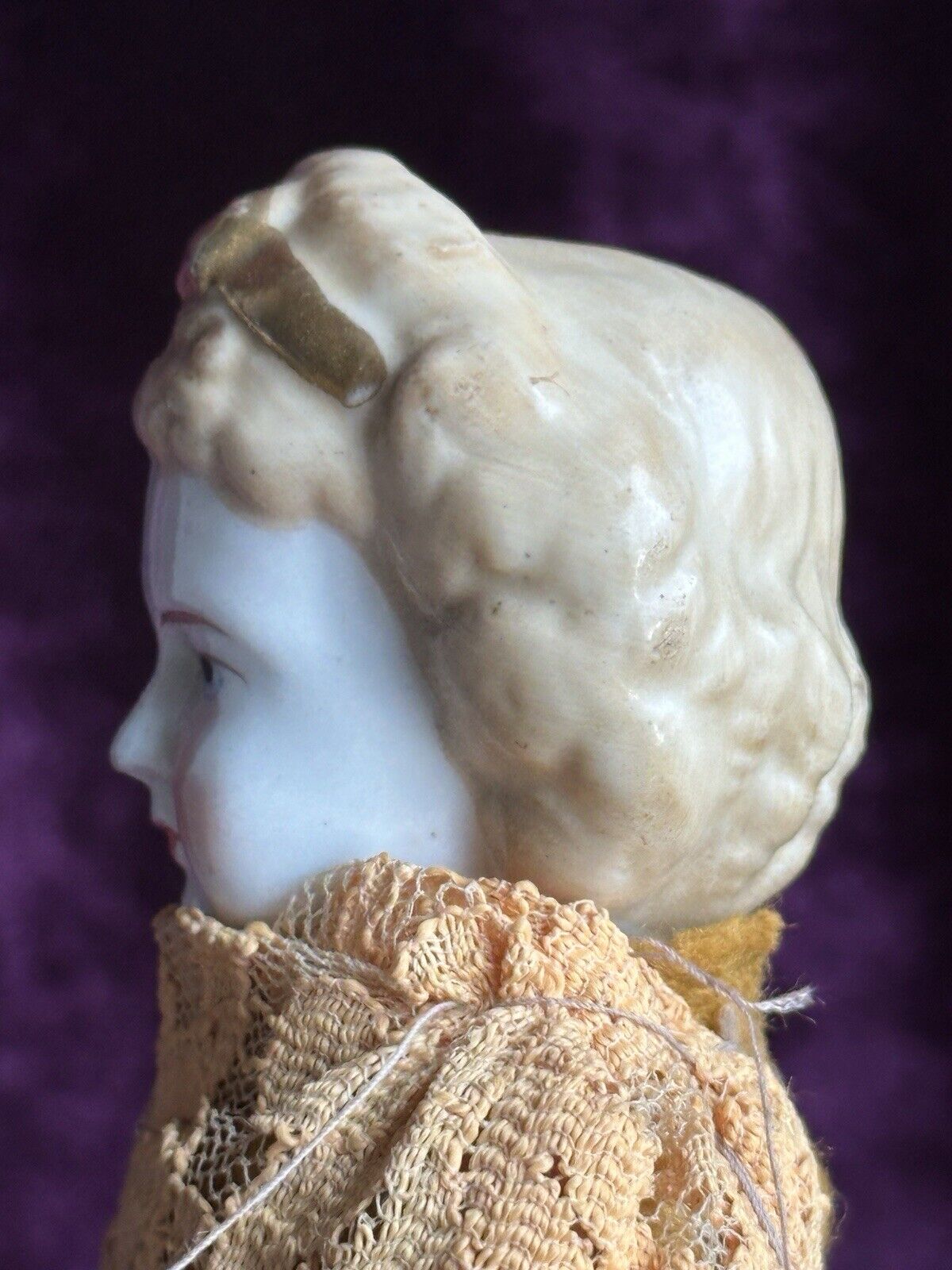Rare Antique German 6.75” Frozen Charlotte Painted Gold Molded Bow Doll