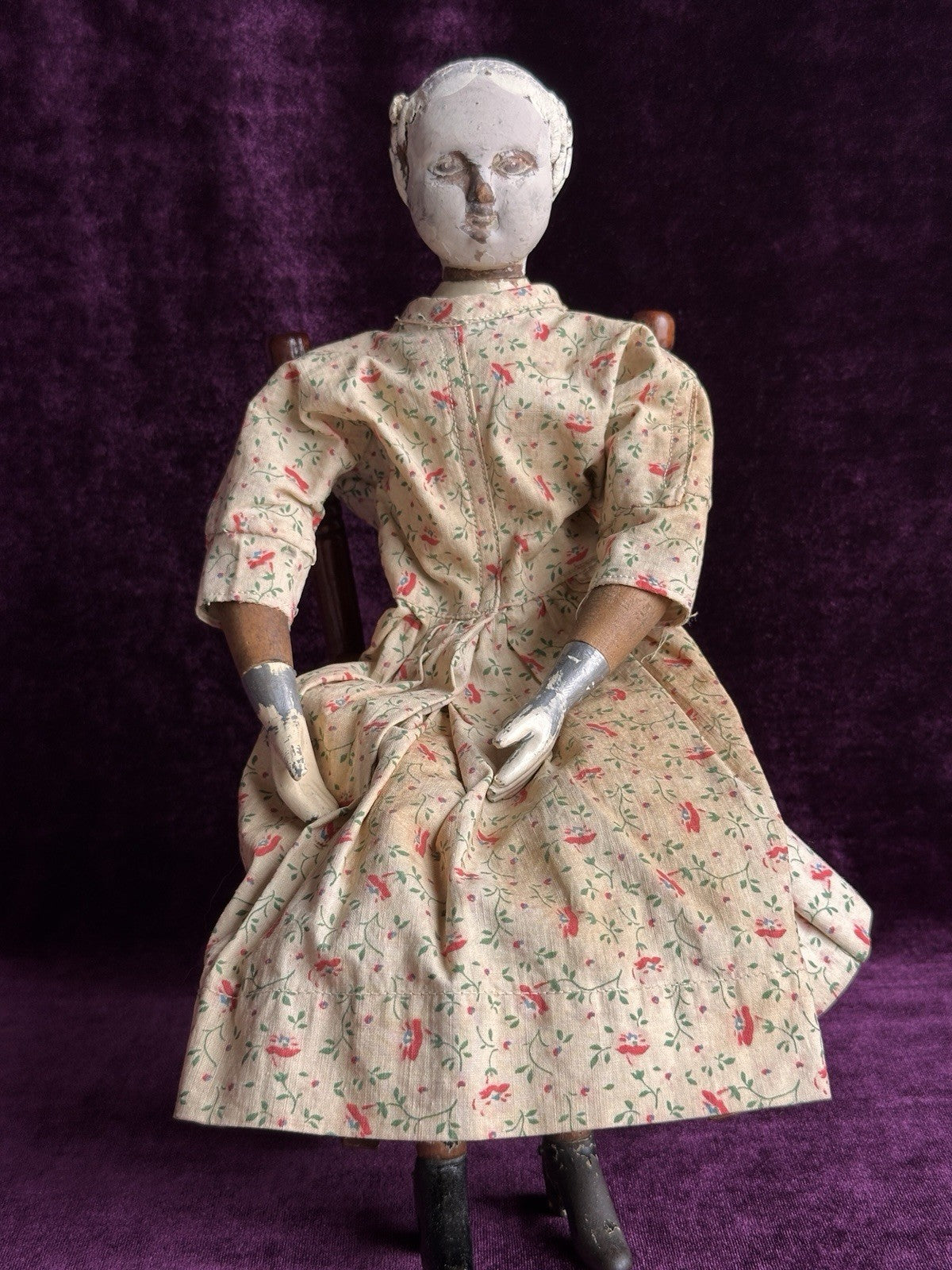 Rare Early American 15” Joel Ellis Metal Wood Jointed Doll