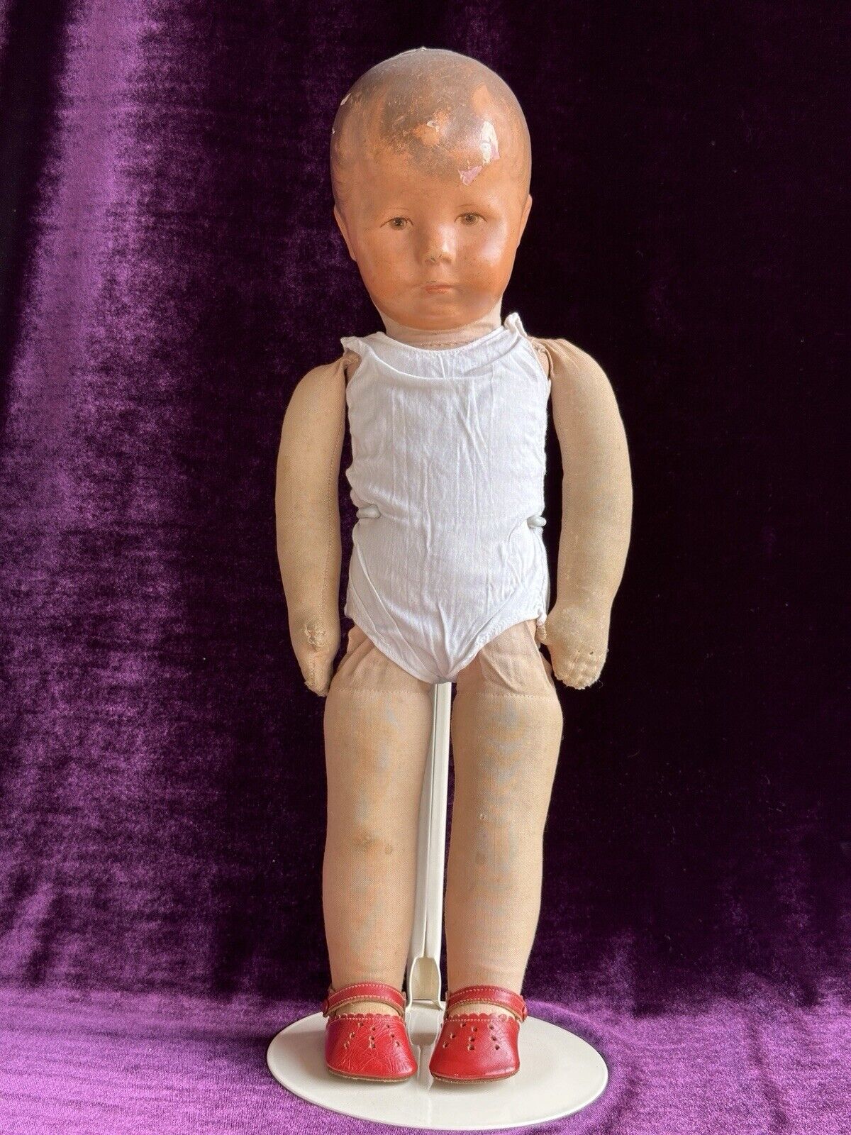 Antique German 18” Early Kathe Kruse Hampelchen Cloth Doll with Button + Extras
