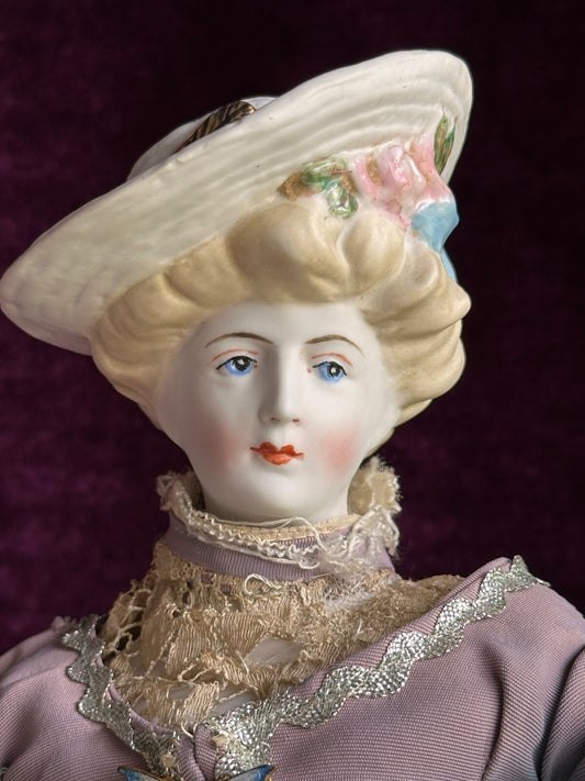Vintage Porcelain 17” Emma Clear Gibson Girl Lady Doll with Molded Hat