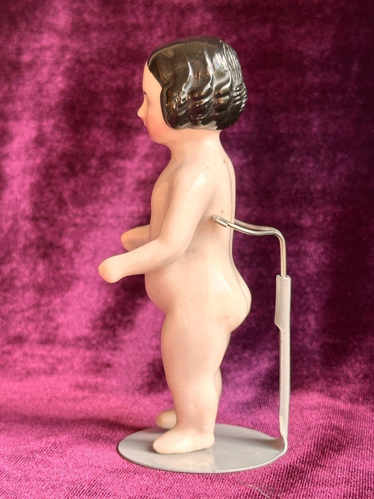 Antique German 4.25” Frozen Charlotte Pink Tint Covered Wagon China Doll