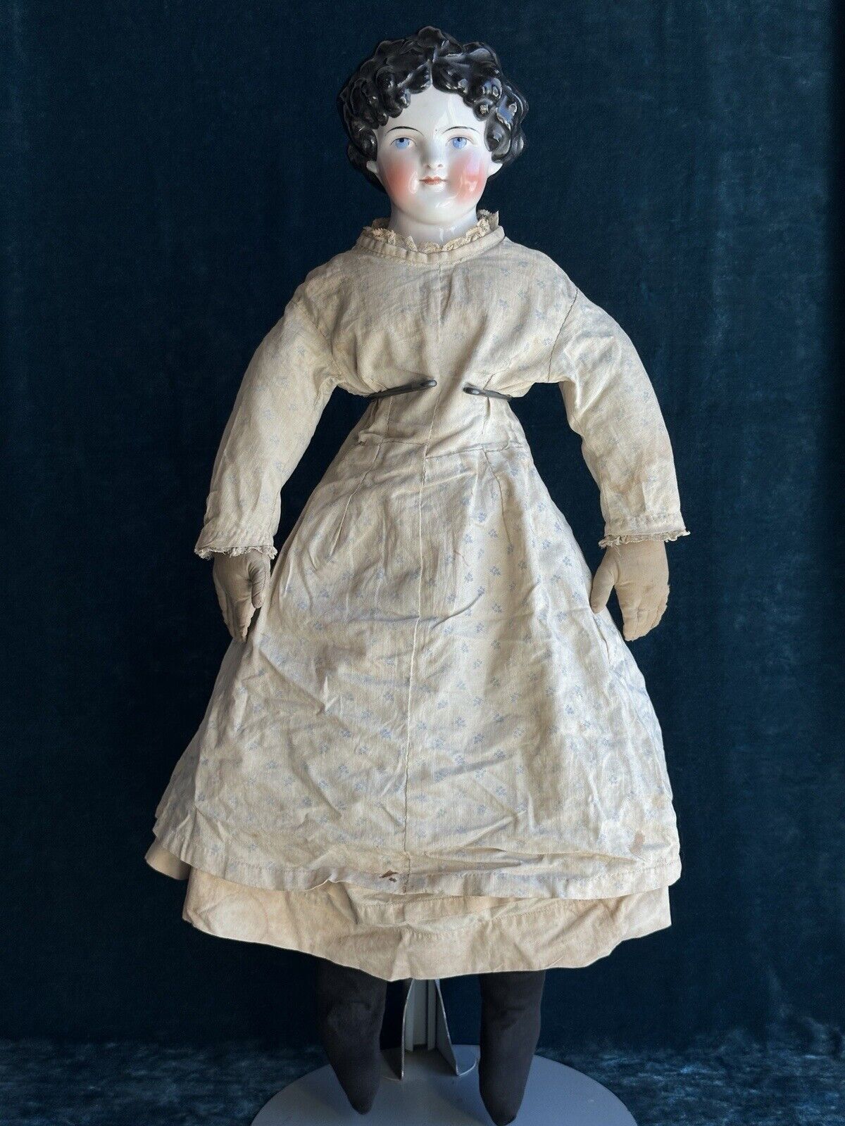 Antique German 26” Dolly Madison China Shoulder Head Doll with Molded Bow