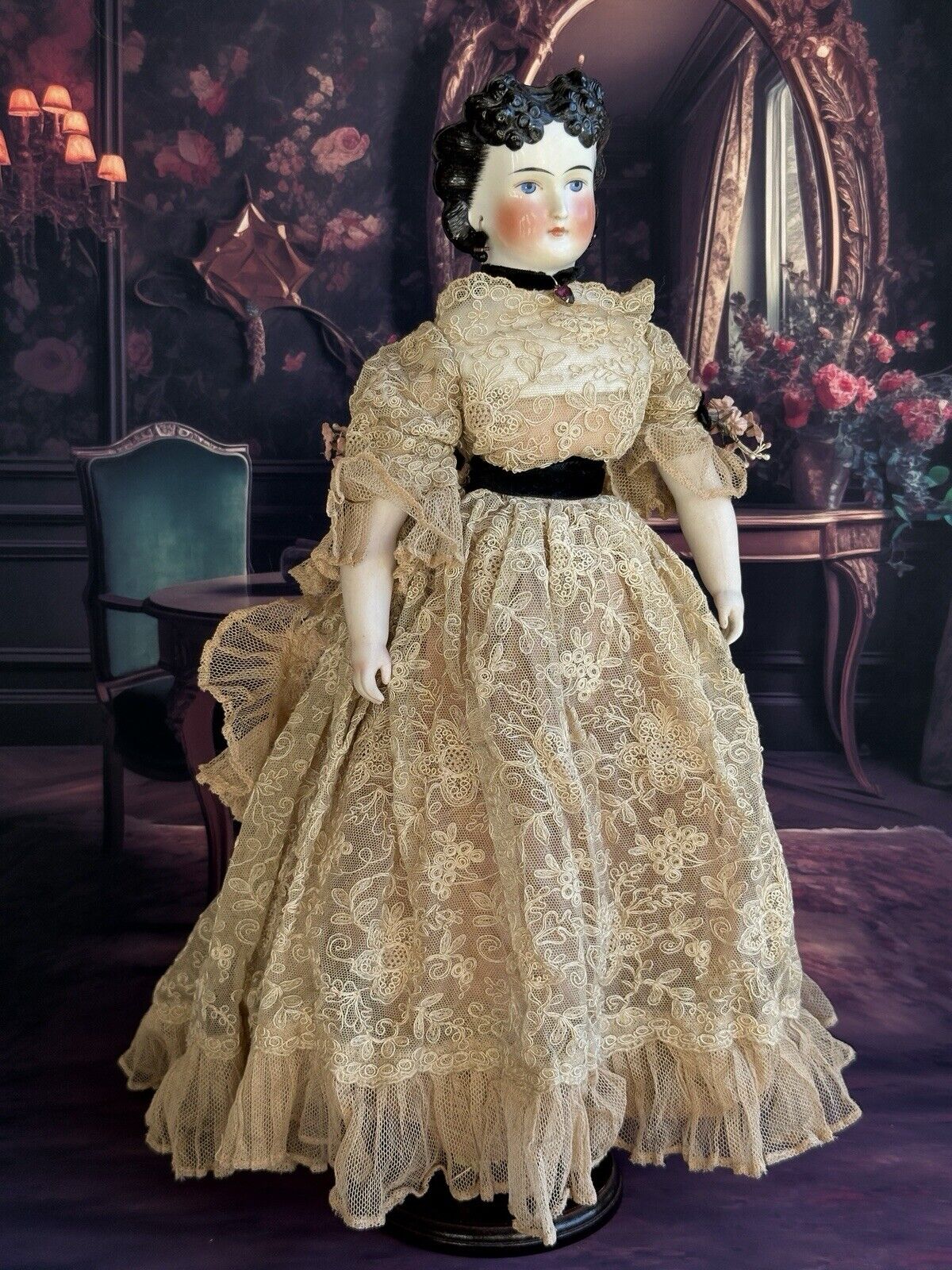 Rare Antique German 17.5” Countess Dagmar Style Brunette China Head Doll