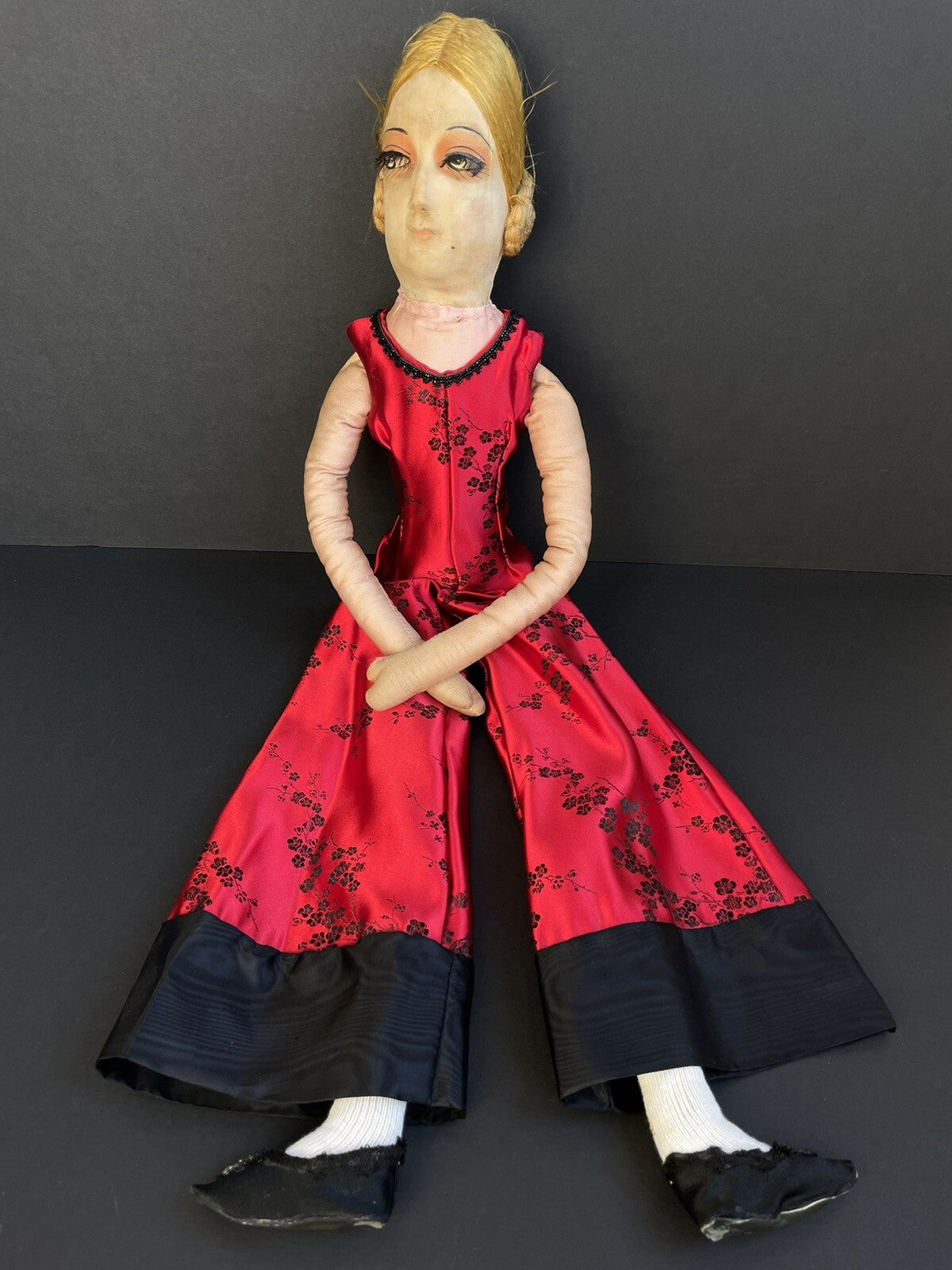 Antique Art Deco 30” French Boudoir Flapper Cloth Face Mask Doll