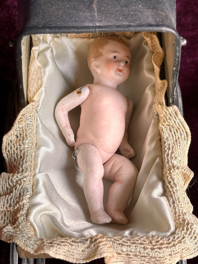 Antique German Miniature All Bisque Limbach Baby Doll in Victorian Pram/Carriage