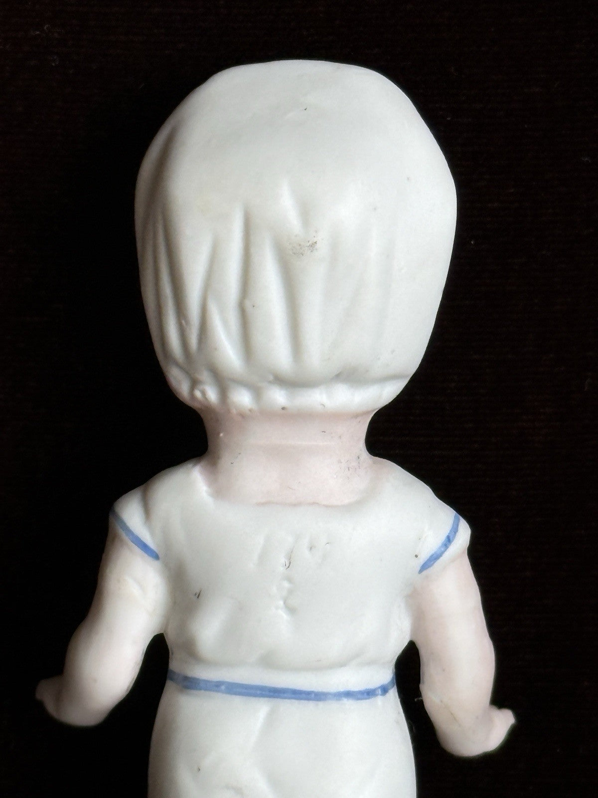 Antique German 4” Frozen Charlotte Bisque Doll With Molded Bonnet/Swim Suite