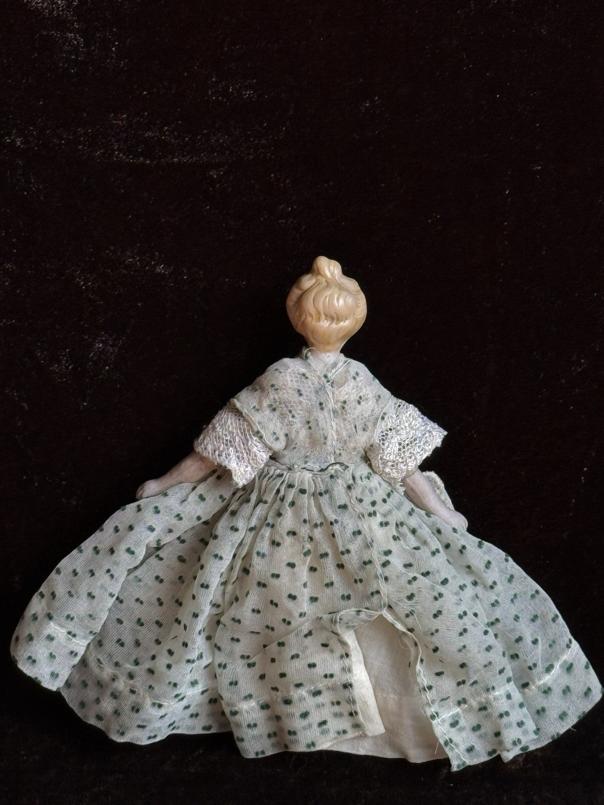 Antique German 5.5” Bisque Cloth Miniature Dollhouse Parian Doll with Bun
