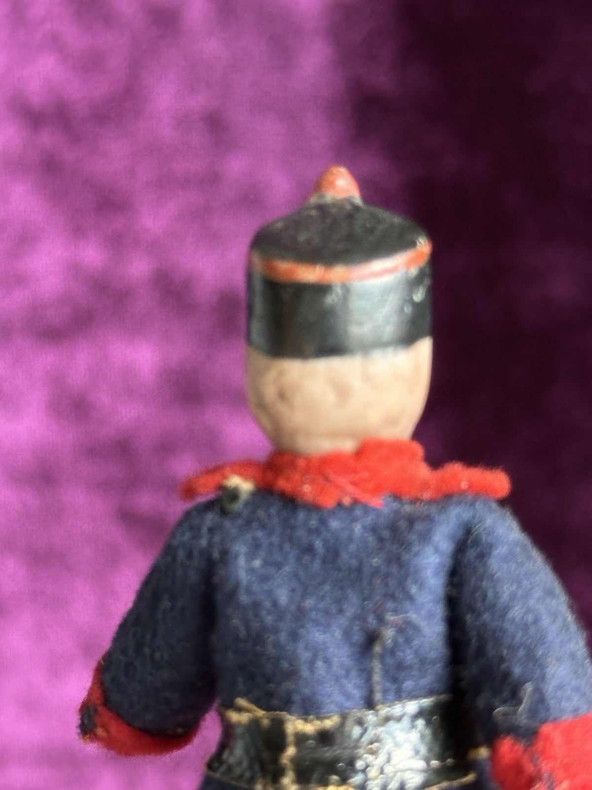 Antique German Bisque 2.875” Soldier Molded Hat Miniature Dollhouse Soldier Doll