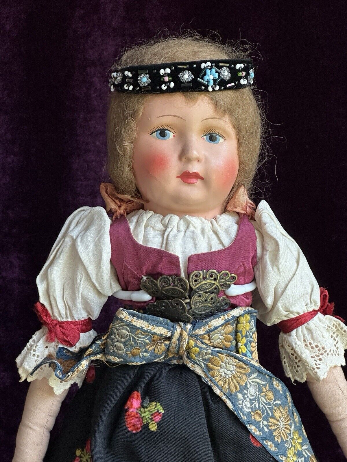 Antique Composition 23” Cloth Eastern European Boudoir Style Doll
