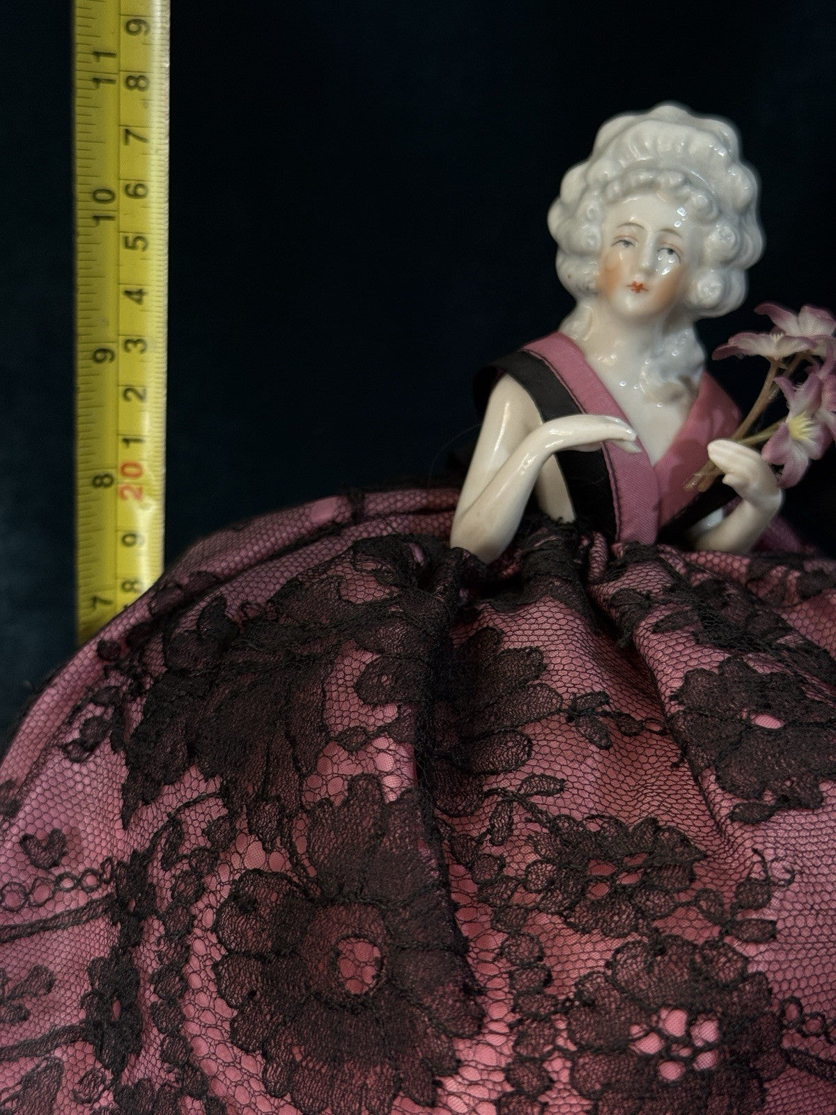 Large 10 1/2” Antique German Porcelain Schneider (?) Half Doll Pin Cushion