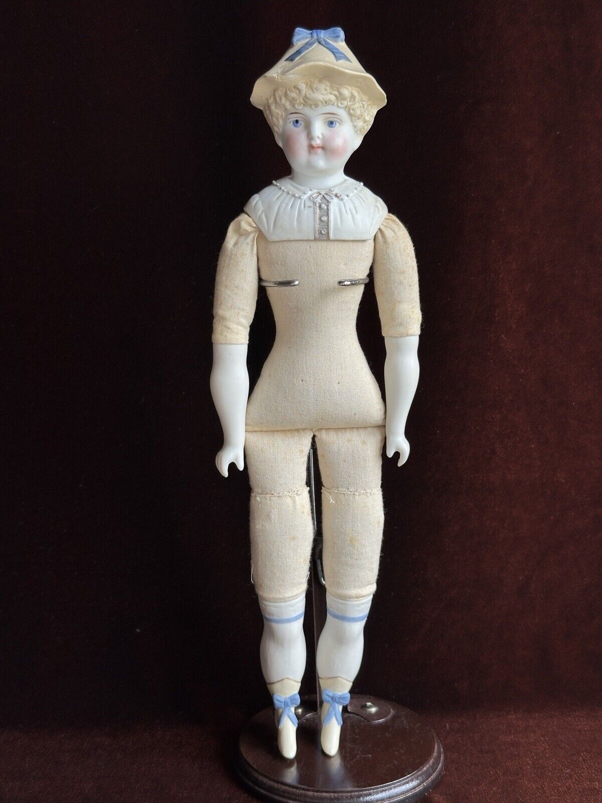 Antique German Hertwig 14” Molded Hat Parian Bisque Shoulder Head Doll