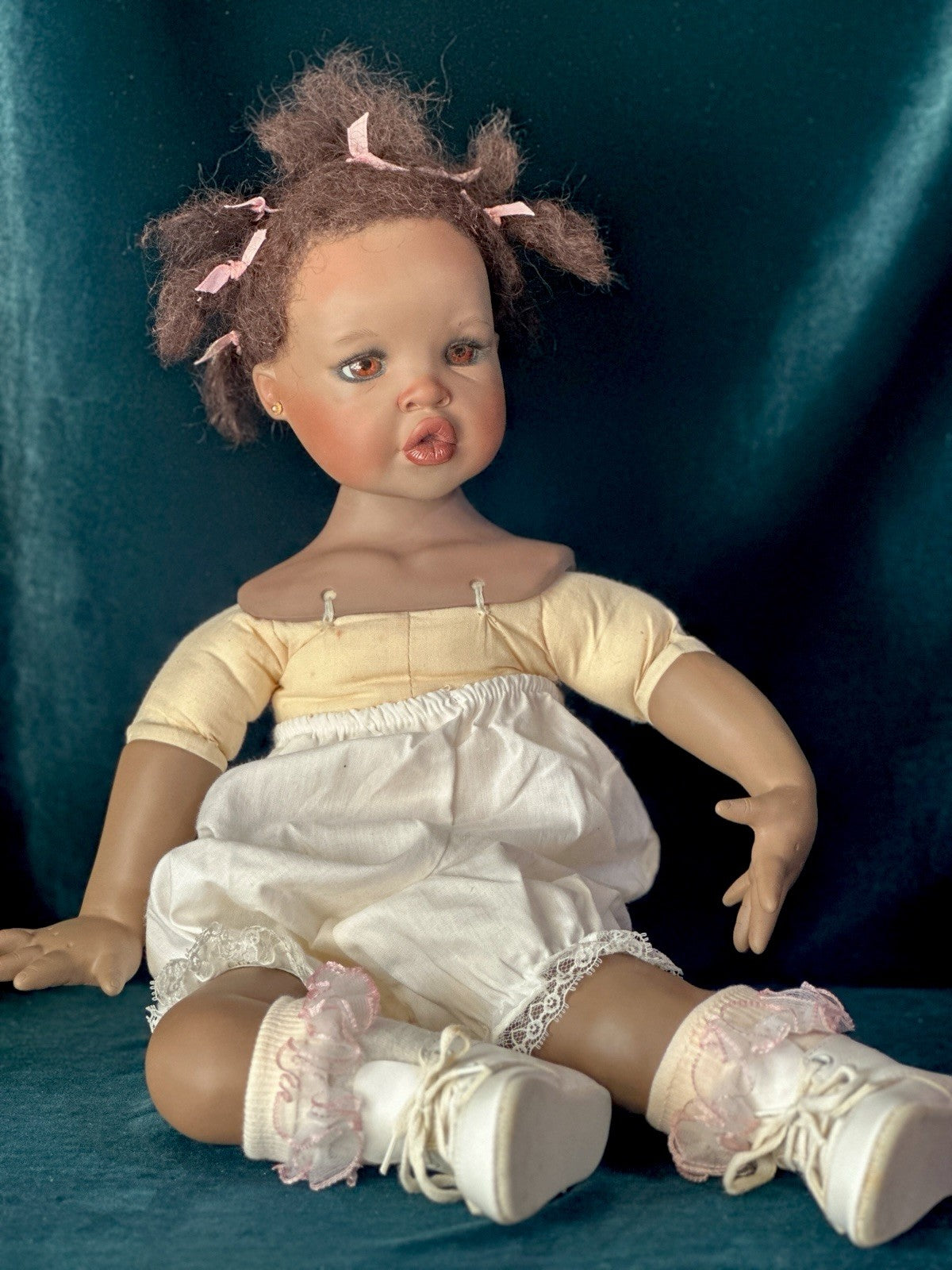 Collectible Porcelain Artist Dark Complexion 21” Baby Doll With Teddy Bear