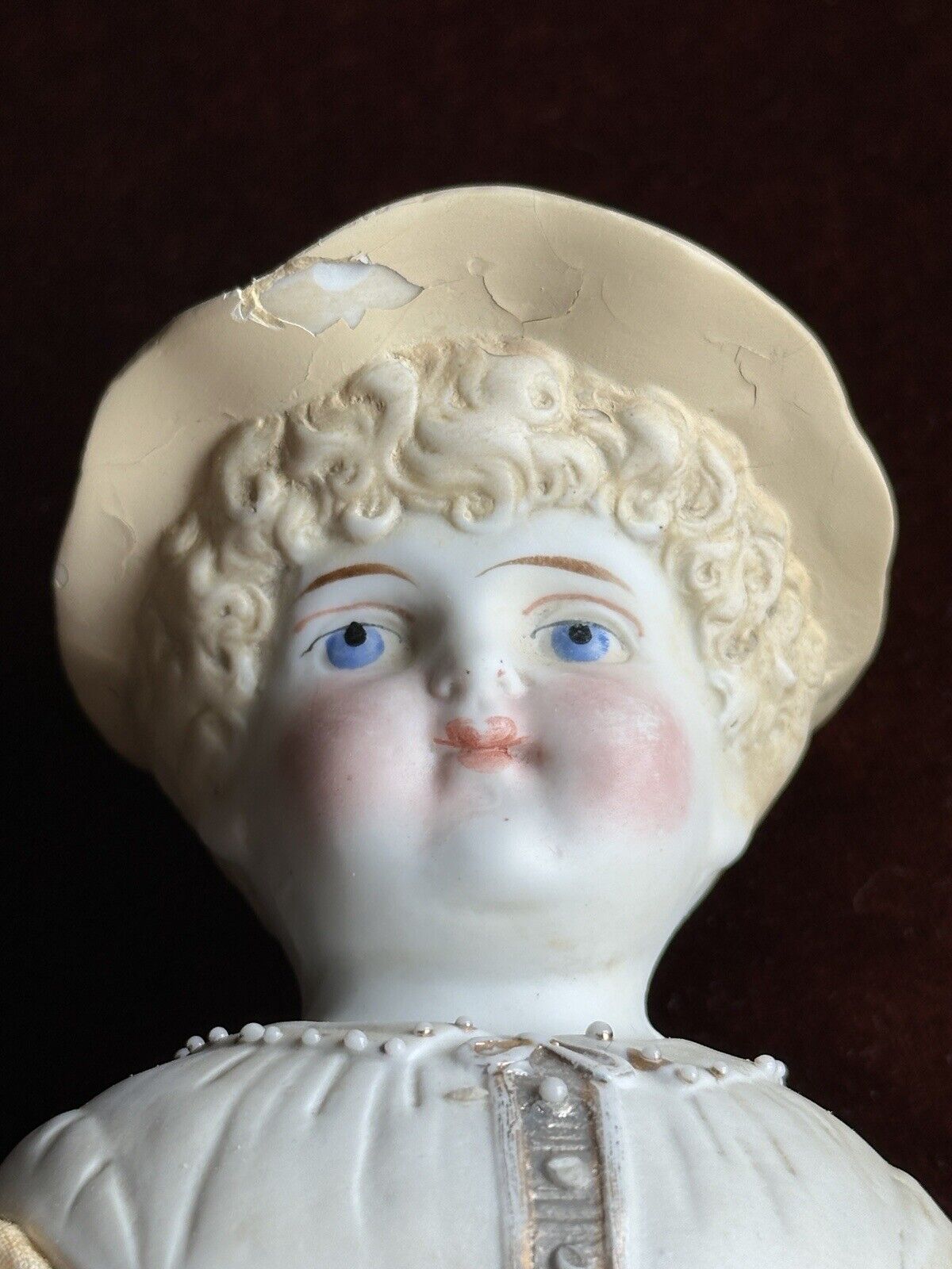 Antique German Hertwig 14” Molded Hat Parian Bisque Shoulder Head Doll