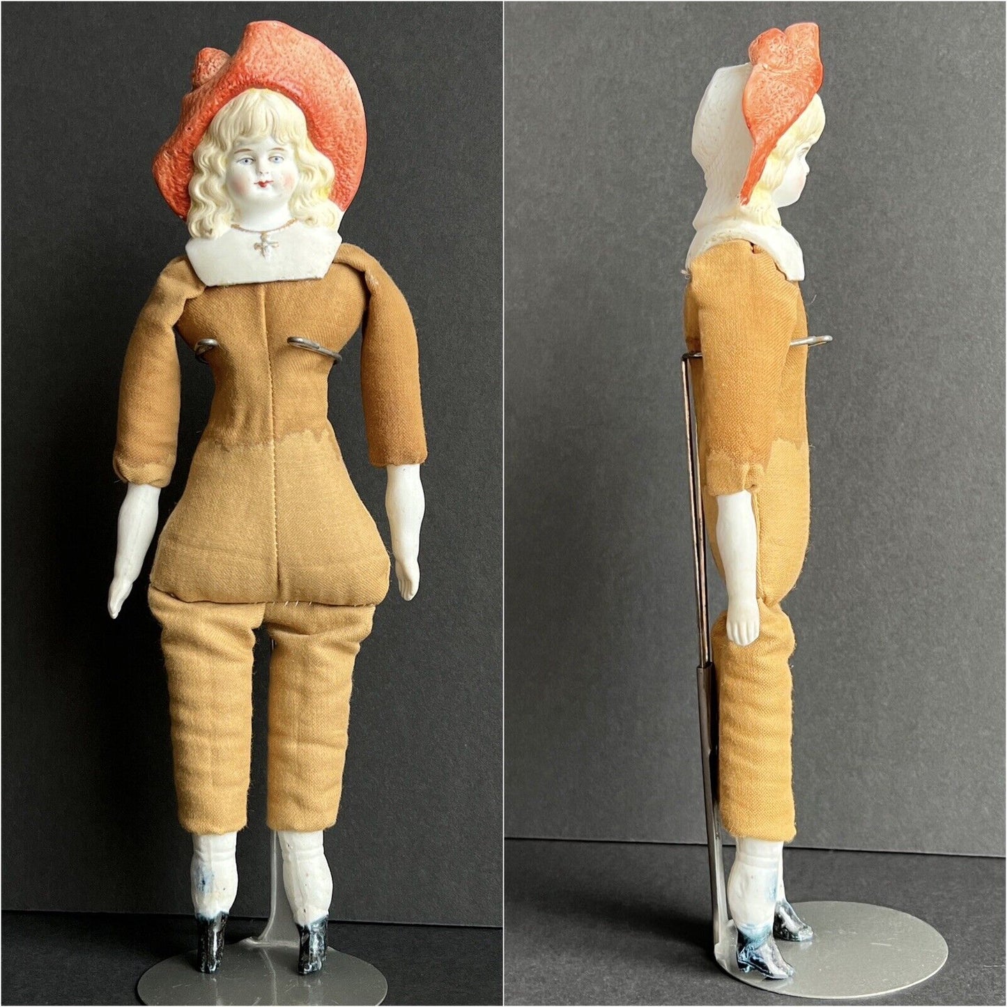 Antique German Hertwig 11.5” Molded Hat Bisque Shoulder Head Doll