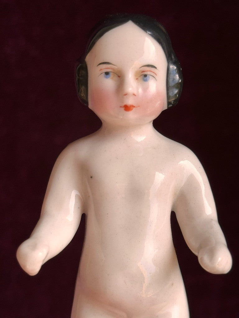Antique German 4.25” Frozen Charlotte Pink Tint Covered Wagon China Doll