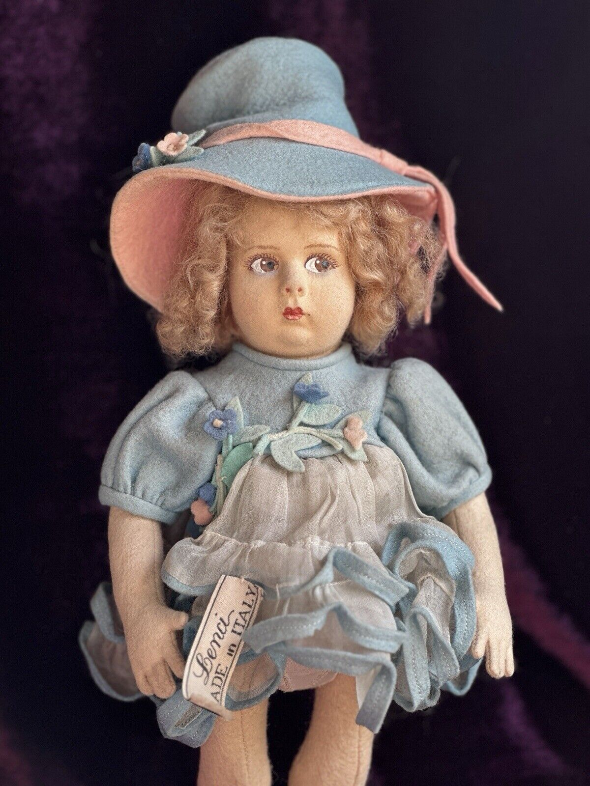 Vintage Italian All Original 12” Lenci 111/2000 Series Felt Cloth Doll Tagged