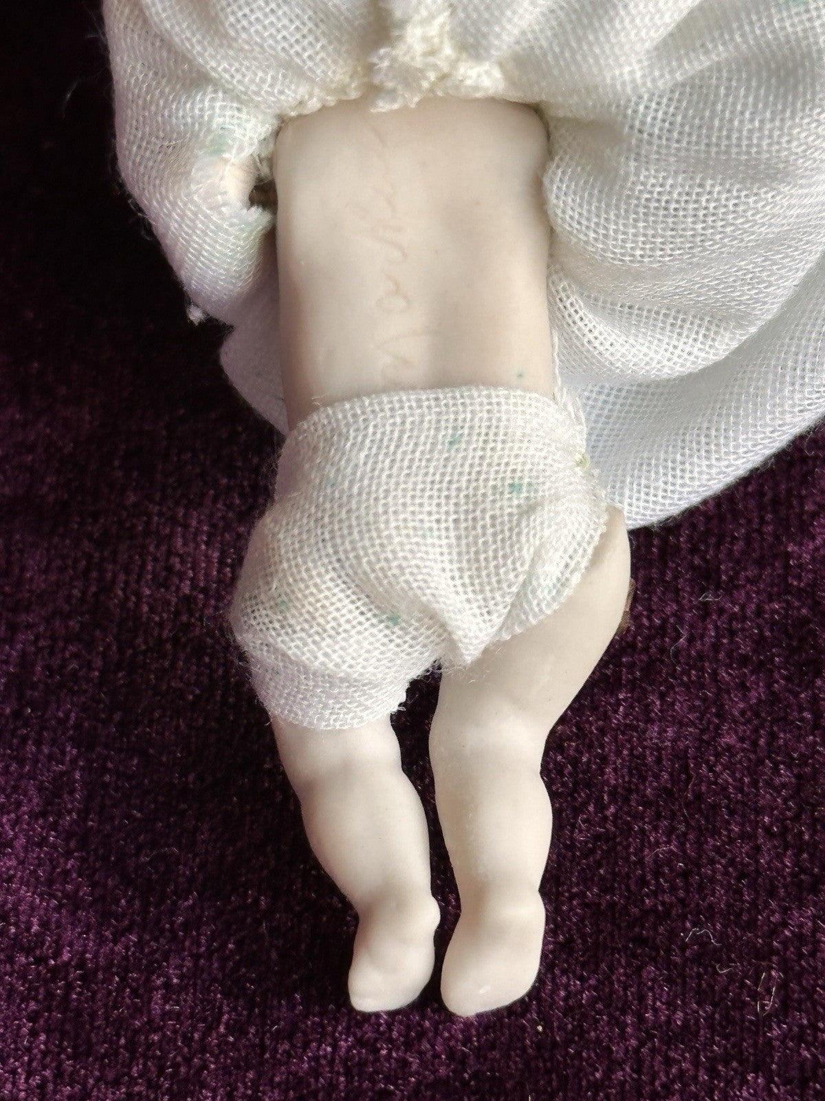 All Porcelain Signed Miniature Hilda (?) Dollhouse Baby Doll in Metal Buggy