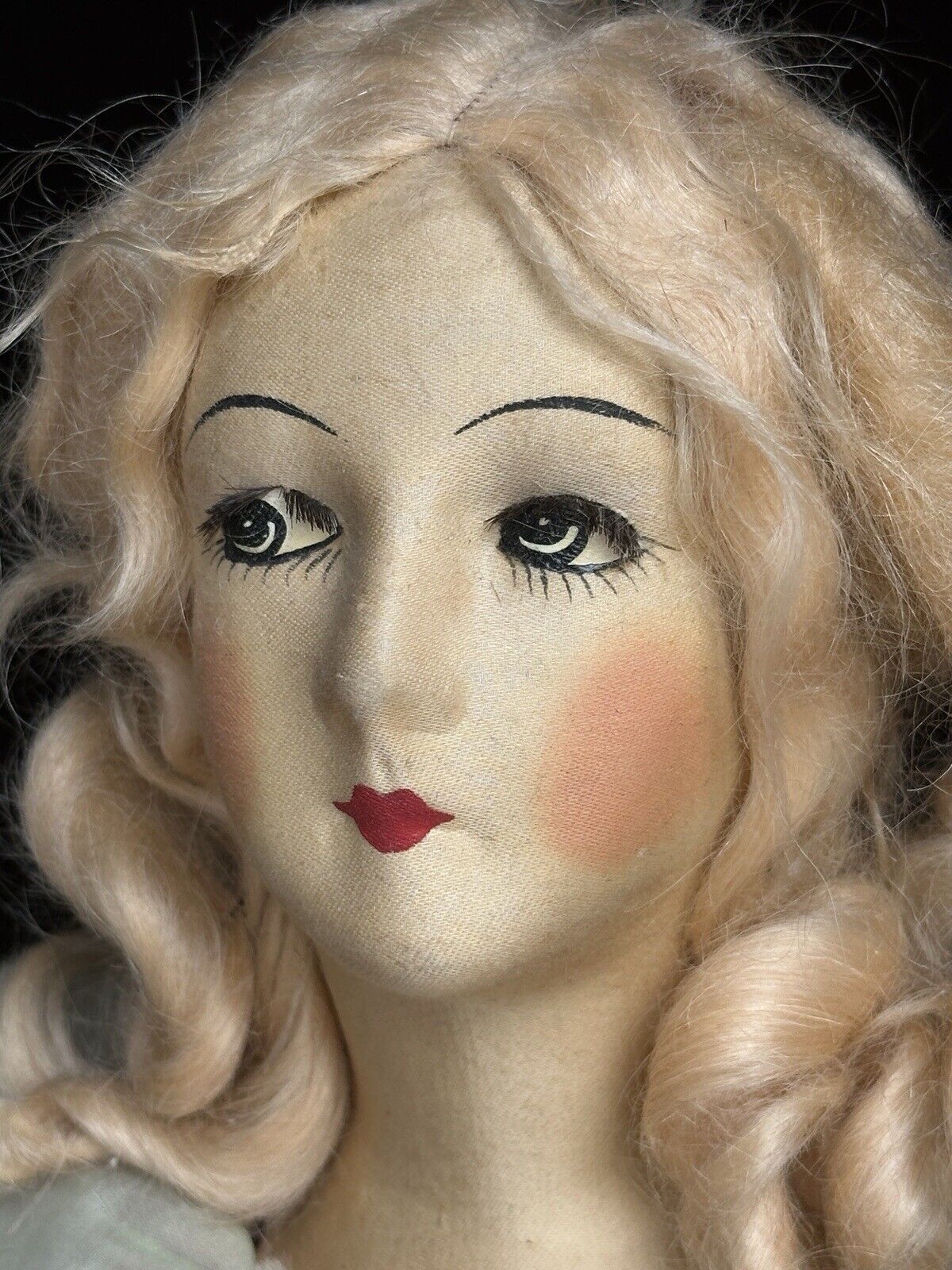 Antique Art Deco 29” French Boudoir Flapper Cloth Face Mask Doll
