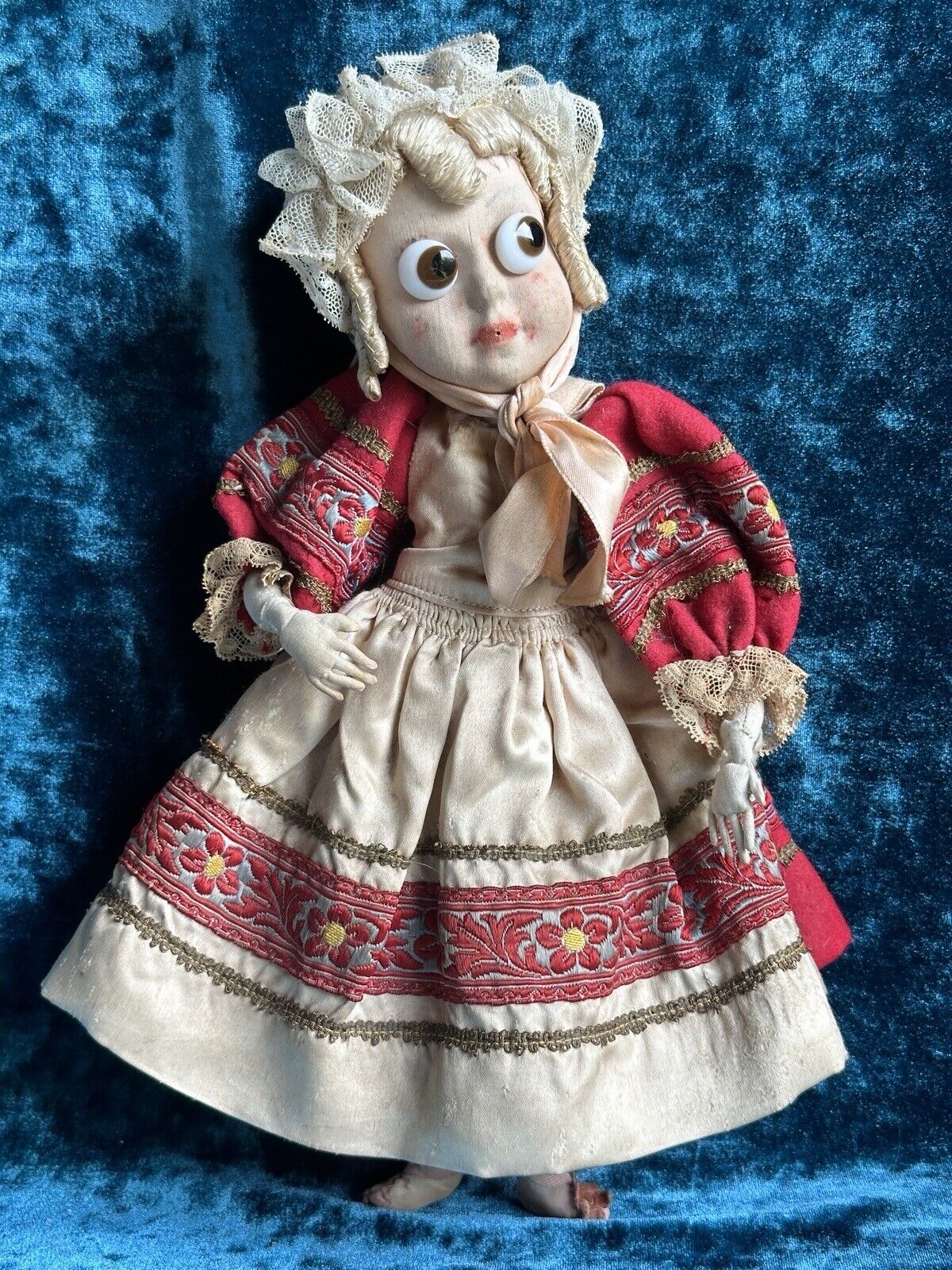 Pair of Rare 13” Antique French Calvaire Cloth Googly Eyes Dolls