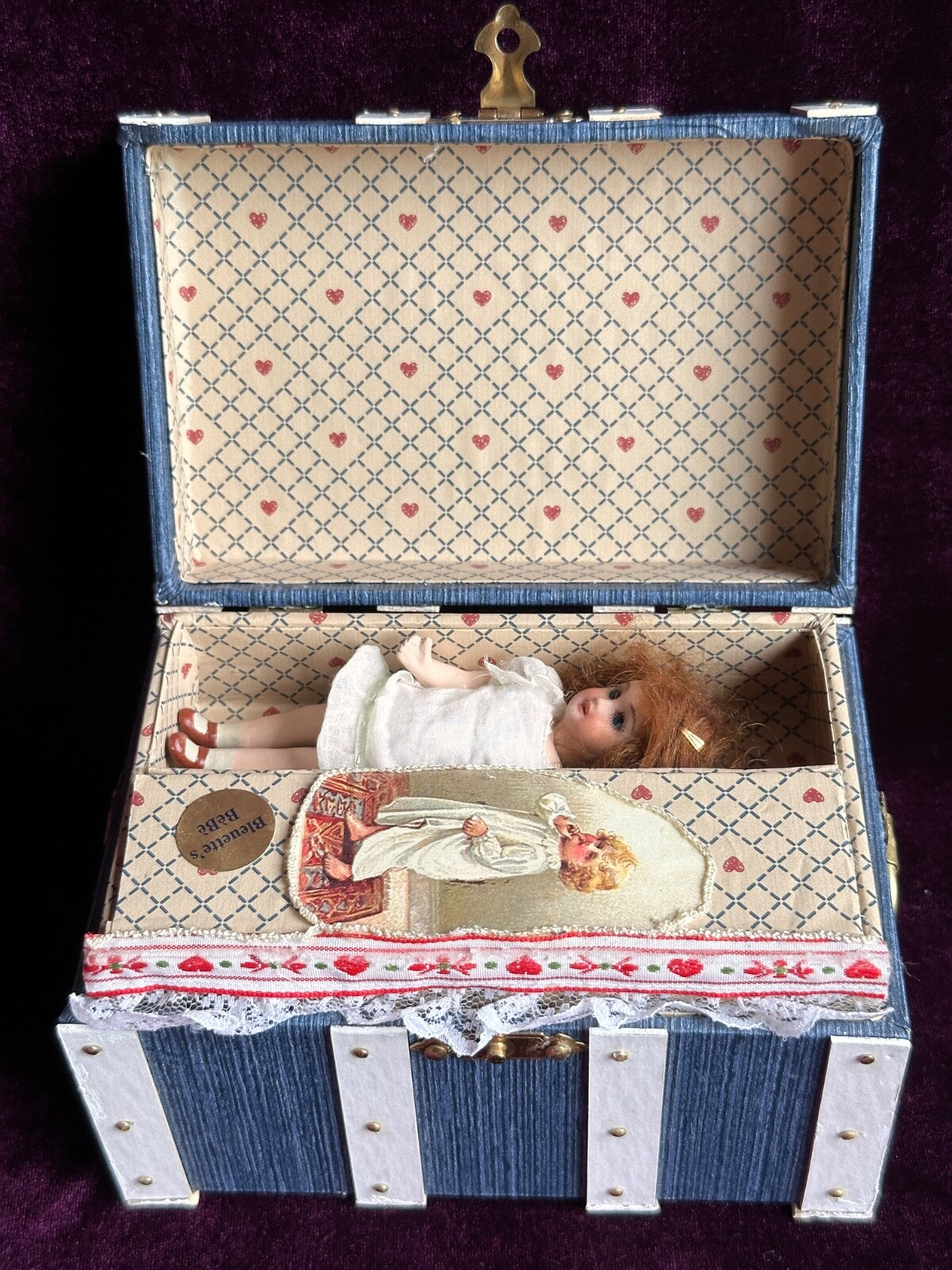 Miniature 4.5” Reproduction of French Bleuette Dollhouse Doll in Trunk + Extra