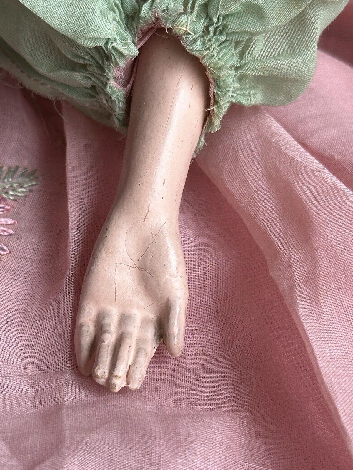 Antique Art Deco 29” French Boudoir Flapper Cloth Face Mask Doll