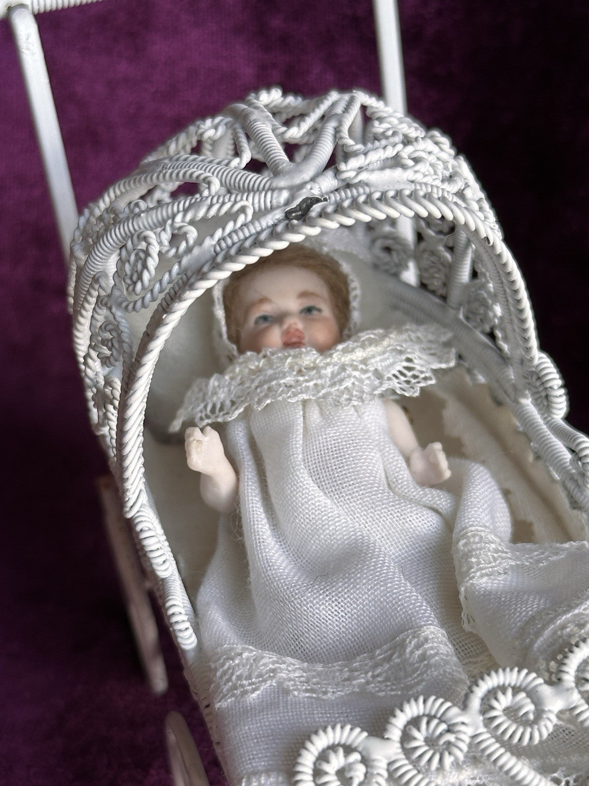 All Porcelain Signed Miniature Hilda (?) Dollhouse Baby Doll in Metal Buggy
