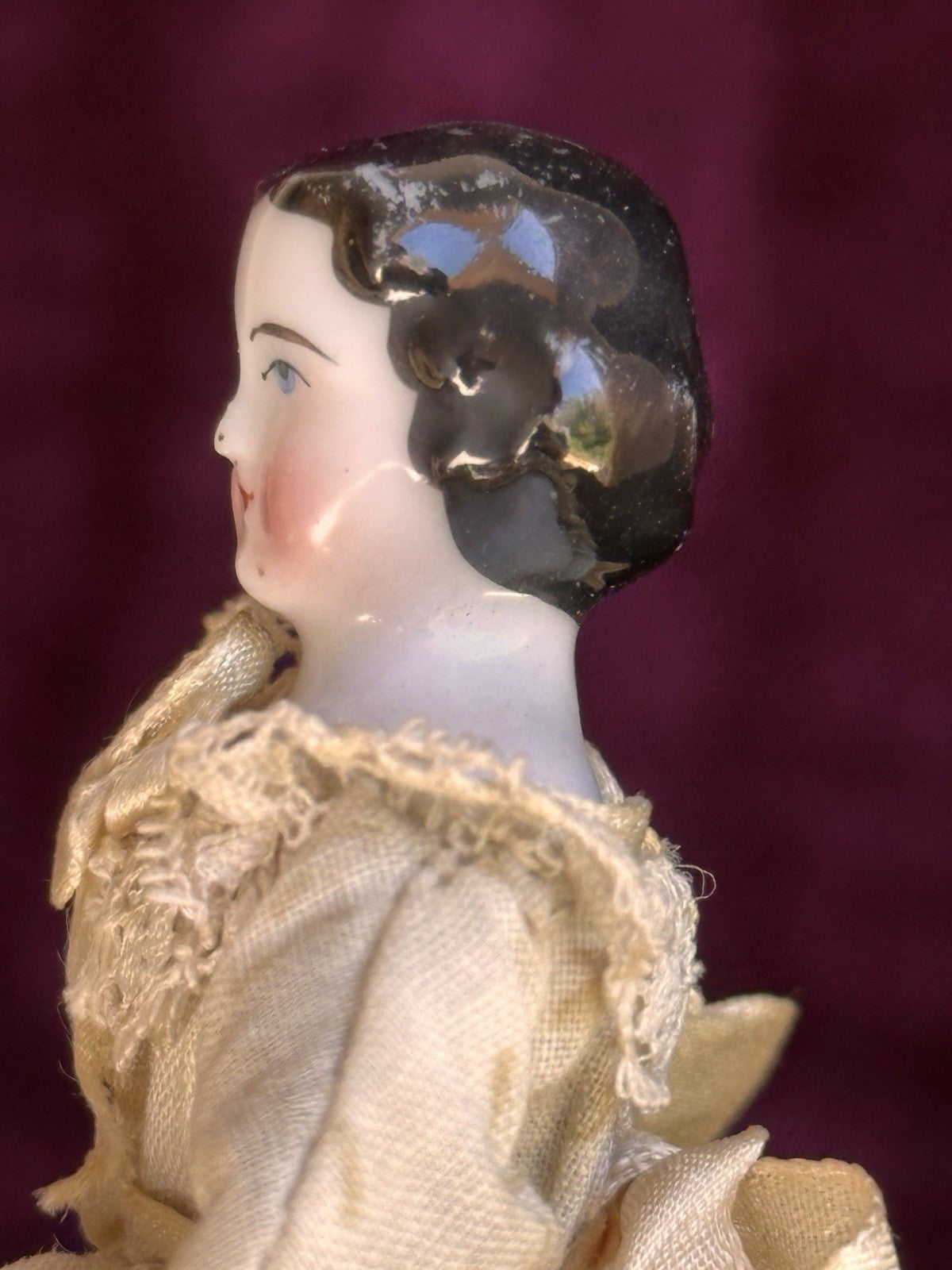 Antique German 4.5” Flat Top Bisque Cloth Miniature Dollhouse China Doll