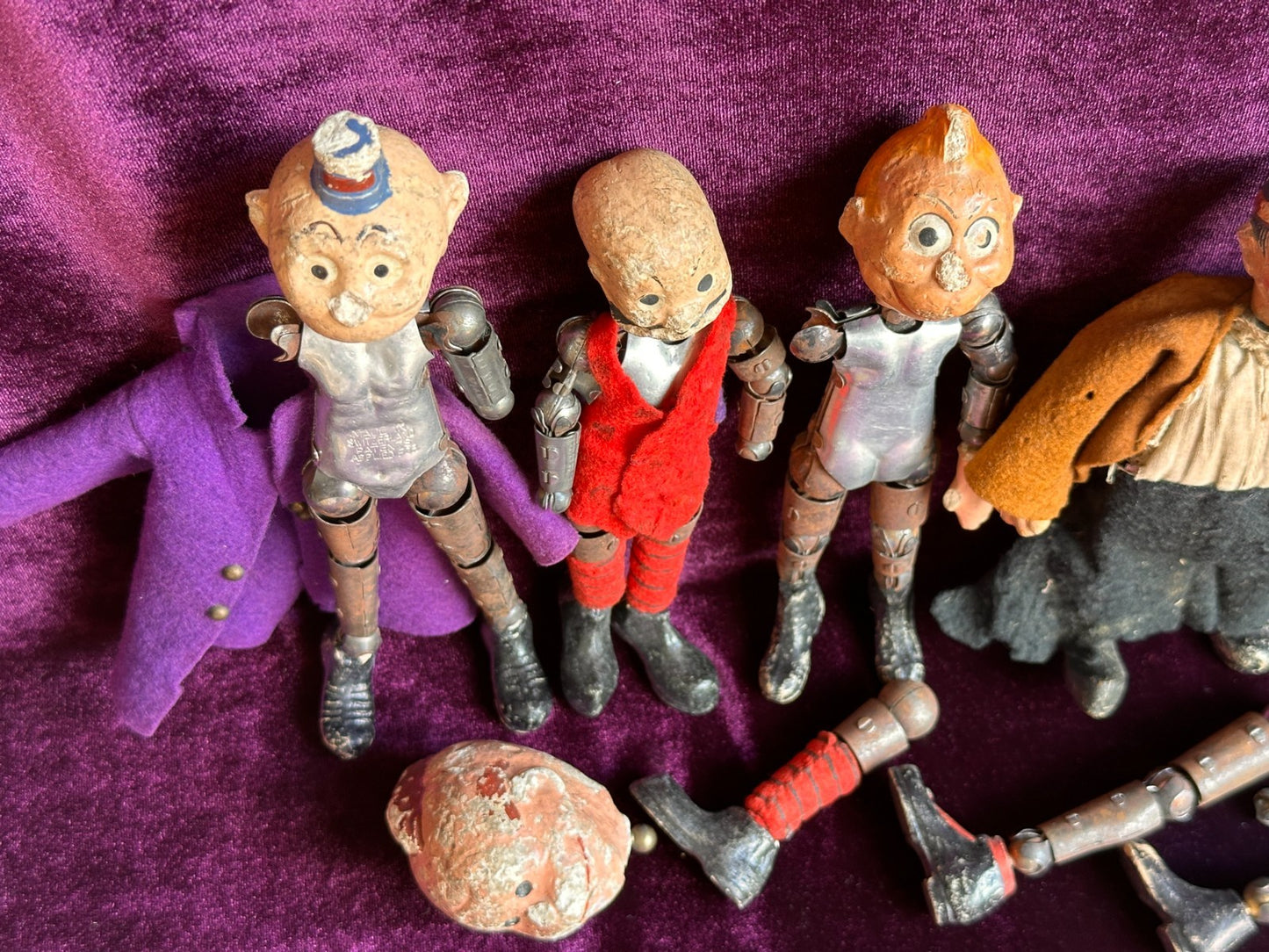 Large Lot of Antique Saba Bucherer Swiss Metal Jointed Character Dolls and Parts