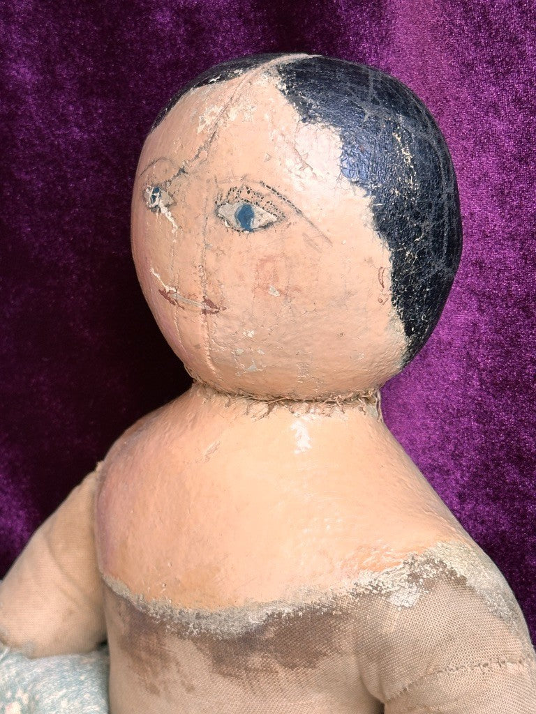 Antique American Primitive 20.5" Oil-Painted Cloth Rag Folk Art Doll