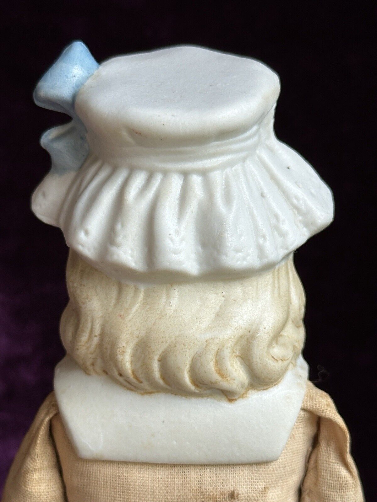 Antique German 11.5” Hertwig Molded Bonnet Bisque Head Parian Doll