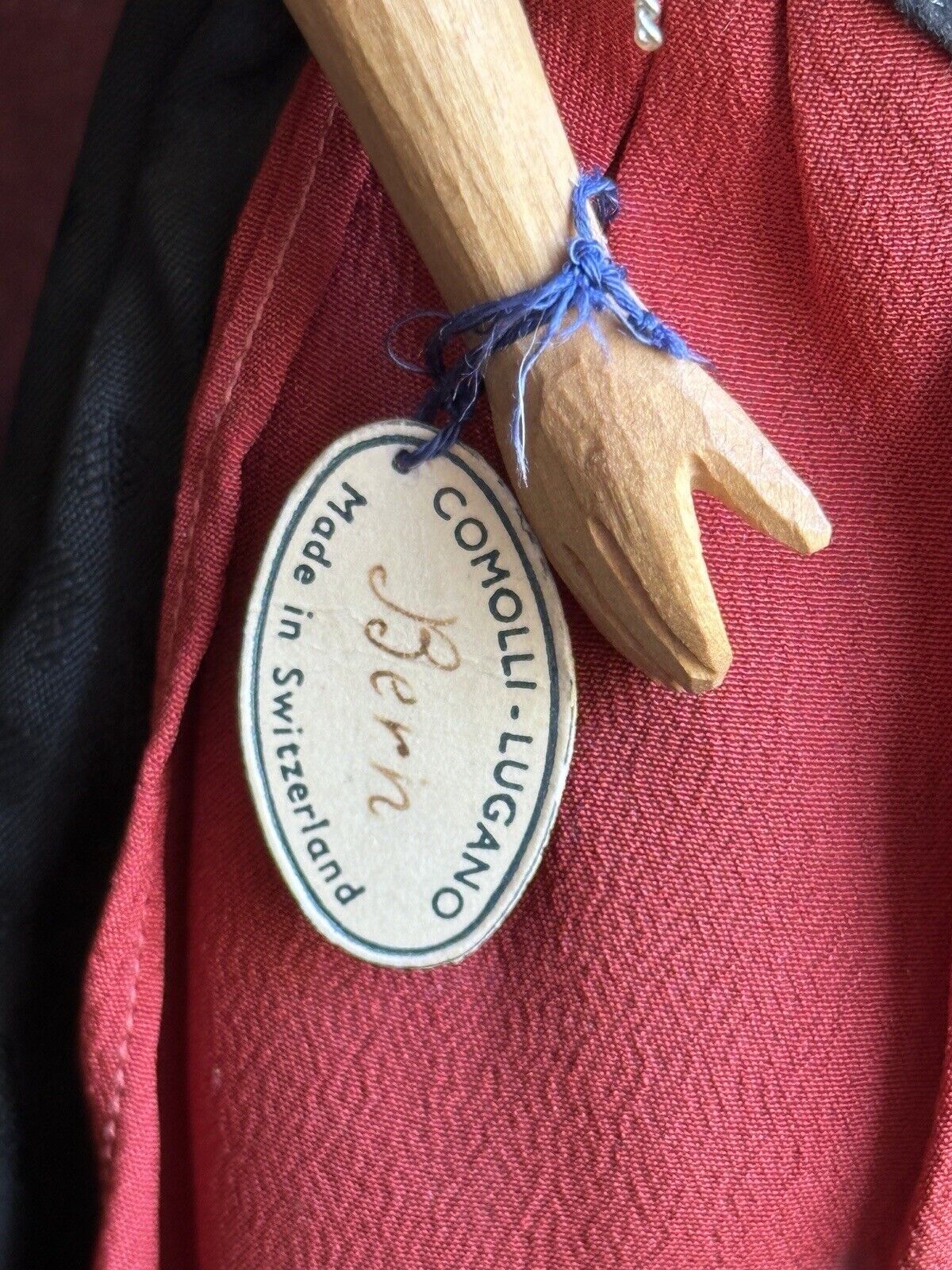 Vintage 10” Swiss Huggler Wood Carved Doll with Original Tag