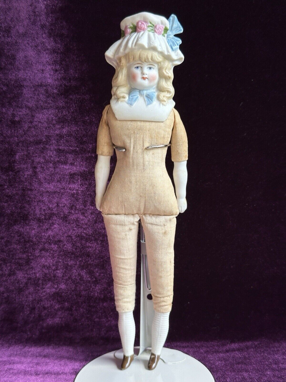 Antique German 11.5” Hertwig Molded Bonnet Bisque Head Parian Doll