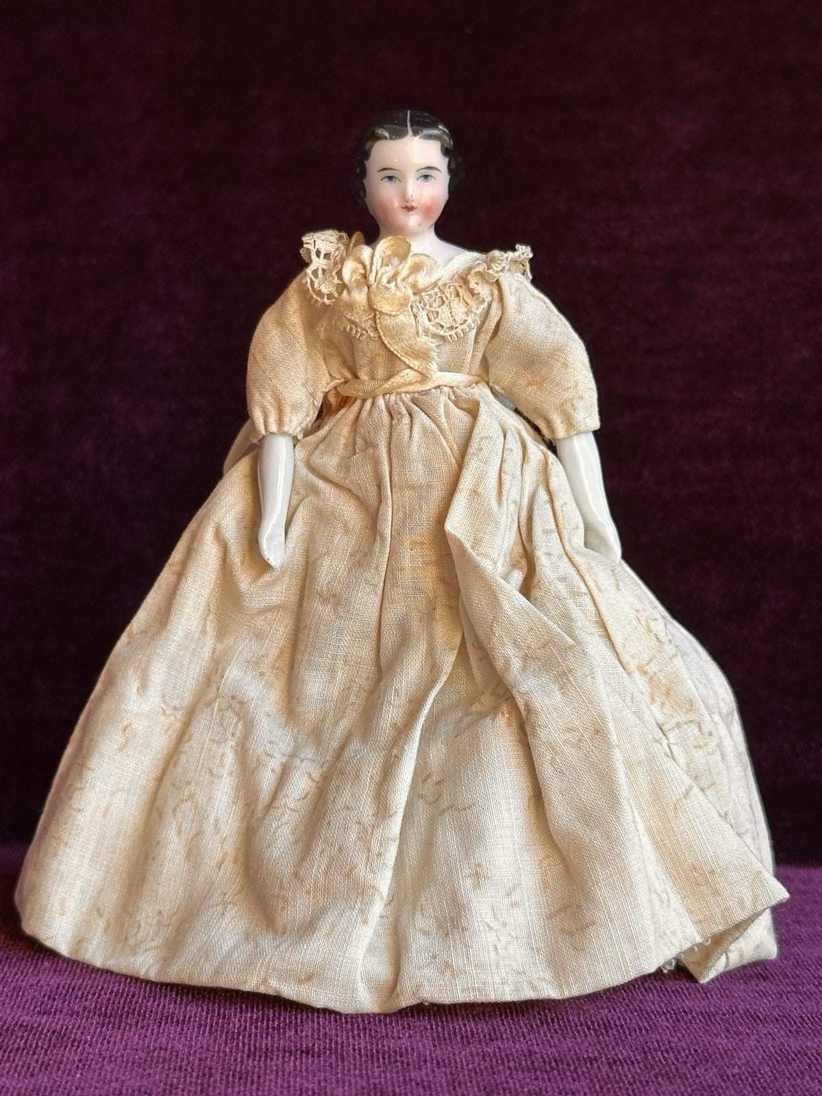 Antique German 4.5” Flat Top Bisque Cloth Miniature Dollhouse China Doll