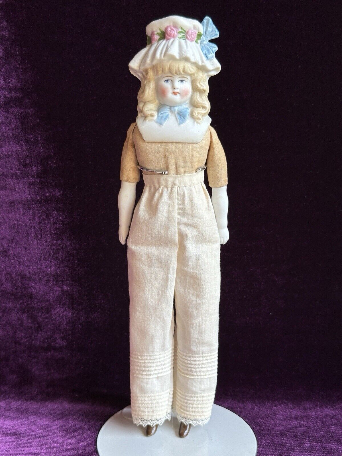 Antique German 11.5” Hertwig Molded Bonnet Bisque Head Parian Doll