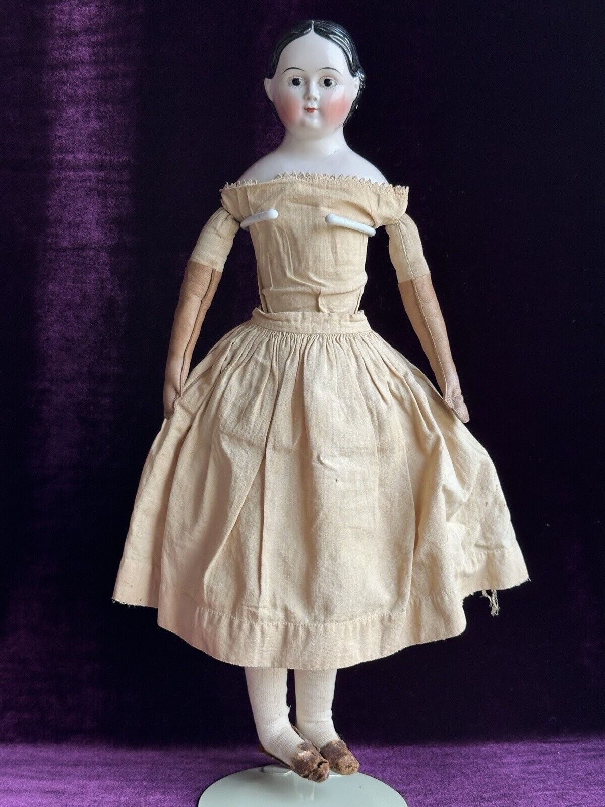 Rare Antique German 21” Covered Wagon China Doll with Glass Eyes