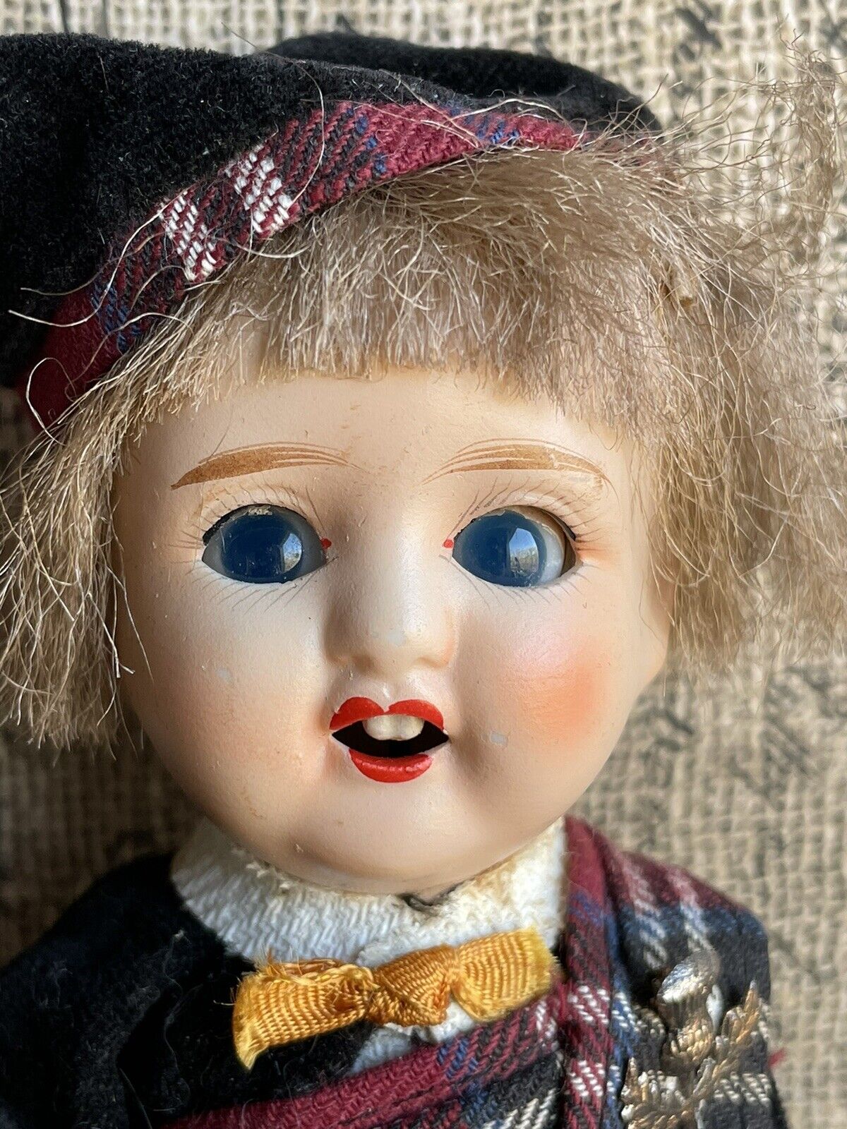 Antique German (?) 8” All Bisque Scottish Boy Doll in Original Box