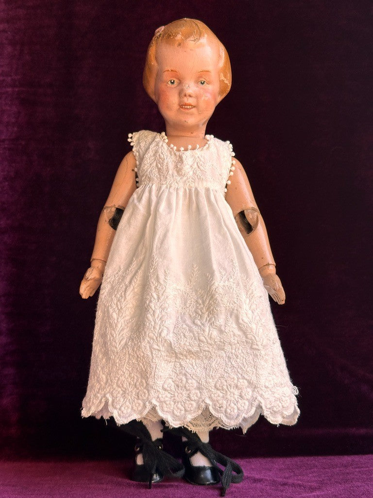 Antique American 15” Schoenhut 101 Series Wooden Jointed Girl Doll Molded Hair