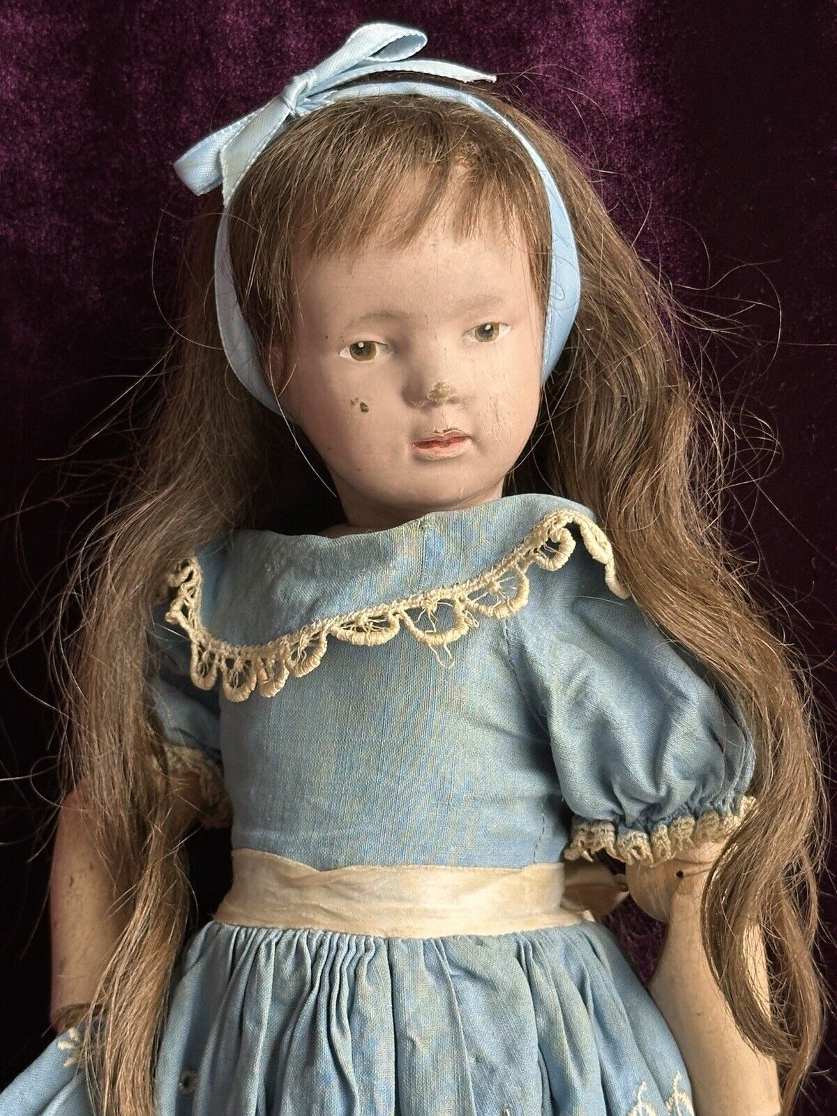 Antique 14” American Schoenhut Model 312 Wood Carved Spring Jointed Girl Doll
