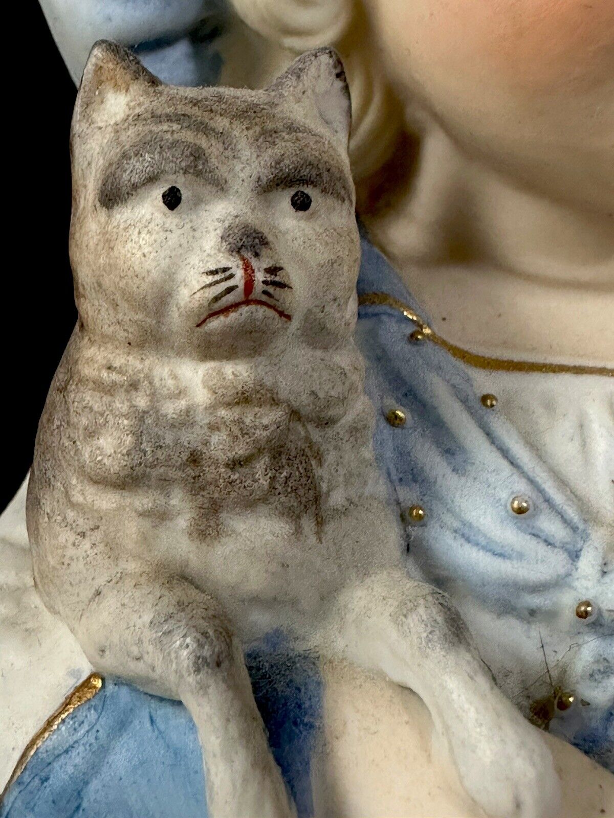 Antique Bisque Large 11” Figurine Boy and Girl In Blue Holding Cats Numbered 15