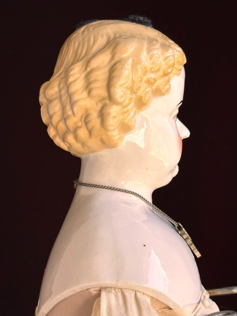 Large Antique German 26” Flat Top Highbrow China Shoulder Head Blonde Doll