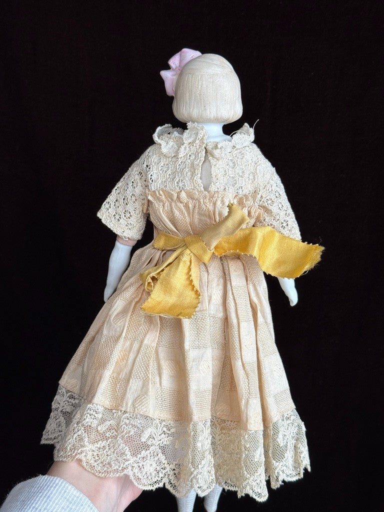Antique German Hertwig 12” Bisque Molded Shoulder Plate and Bow Girl Doll