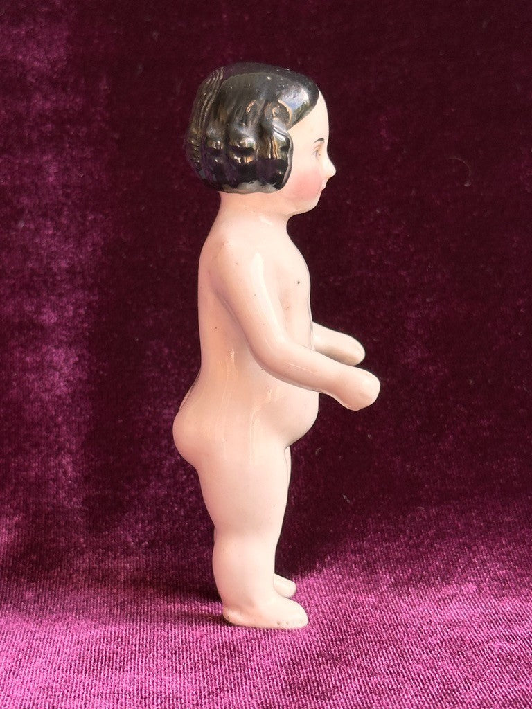 Antique German 4.25” Frozen Charlotte Pink Tint Covered Wagon China Doll