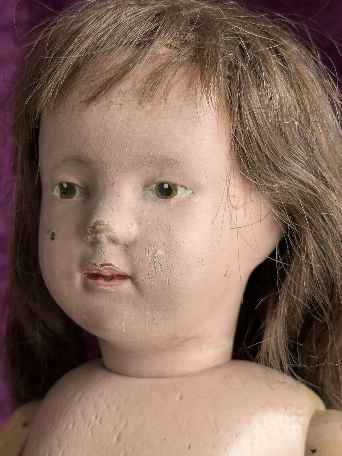 Antique 14” American Schoenhut Model 312 Wood Carved Spring Jointed Girl Doll