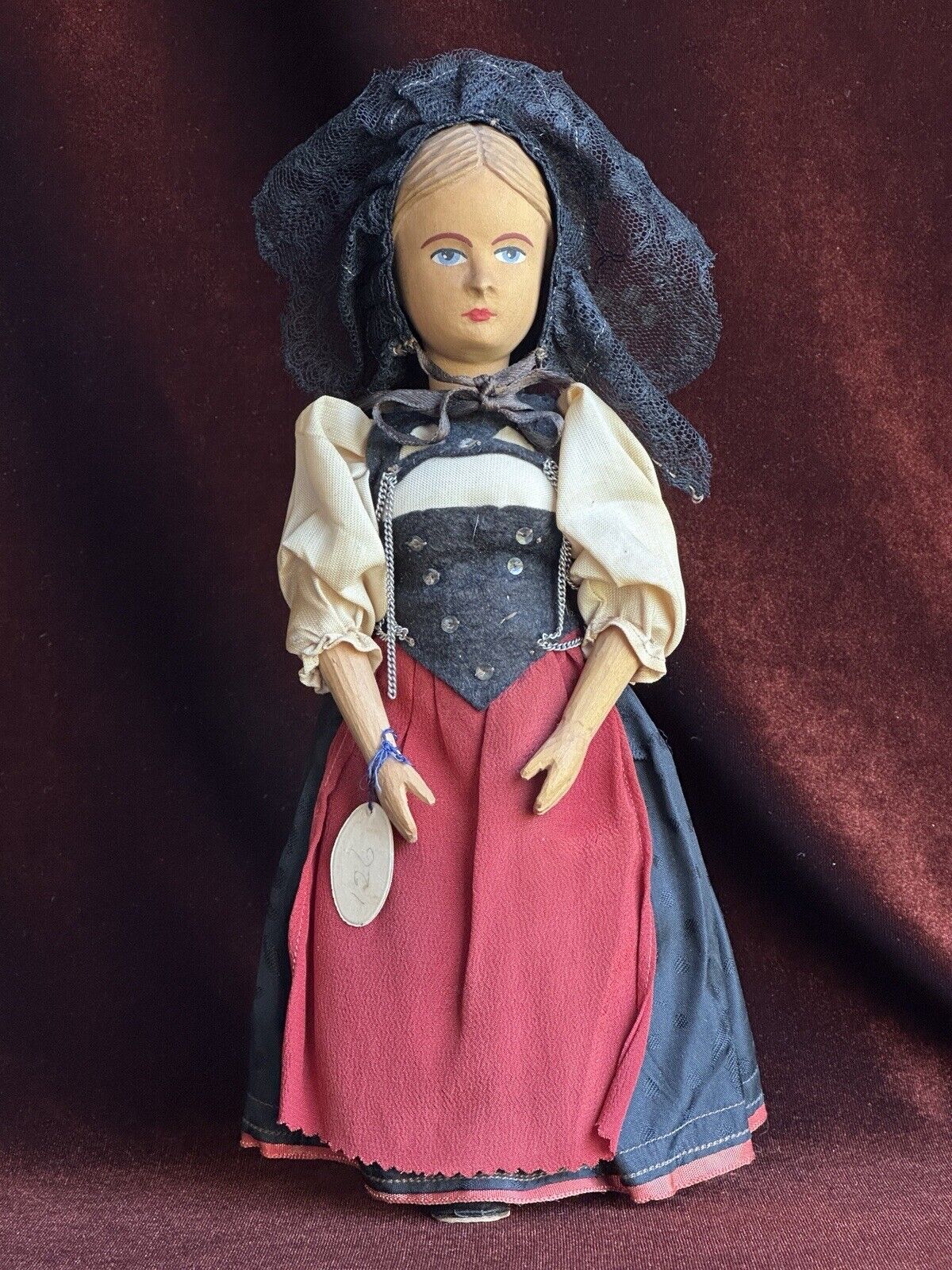 Vintage 10” Swiss Huggler Wood Carved Doll with Original Tag