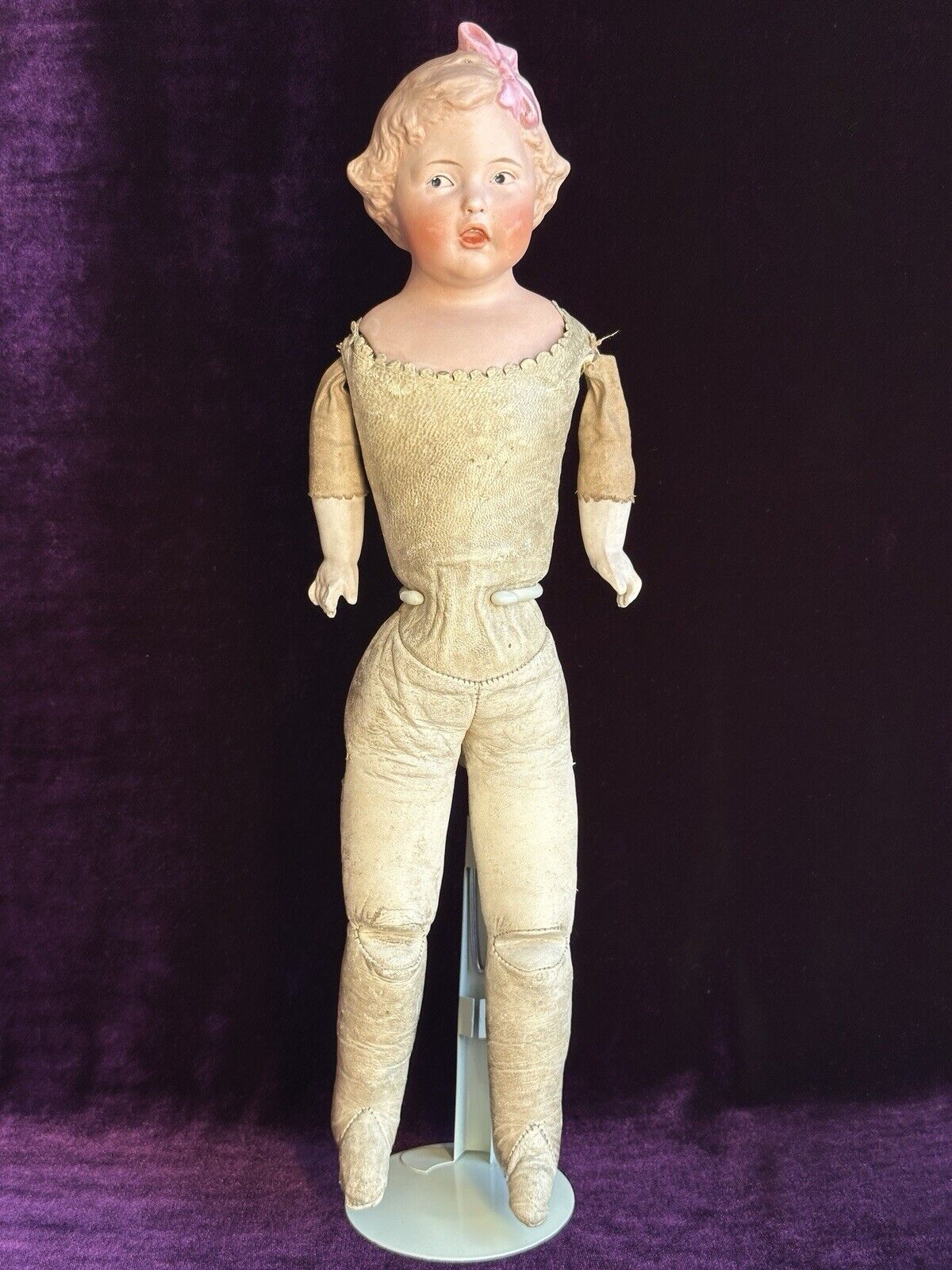 Rare Antique German Gebruder Heubach 7851 Pink Bow Bisque Head Girl Doll