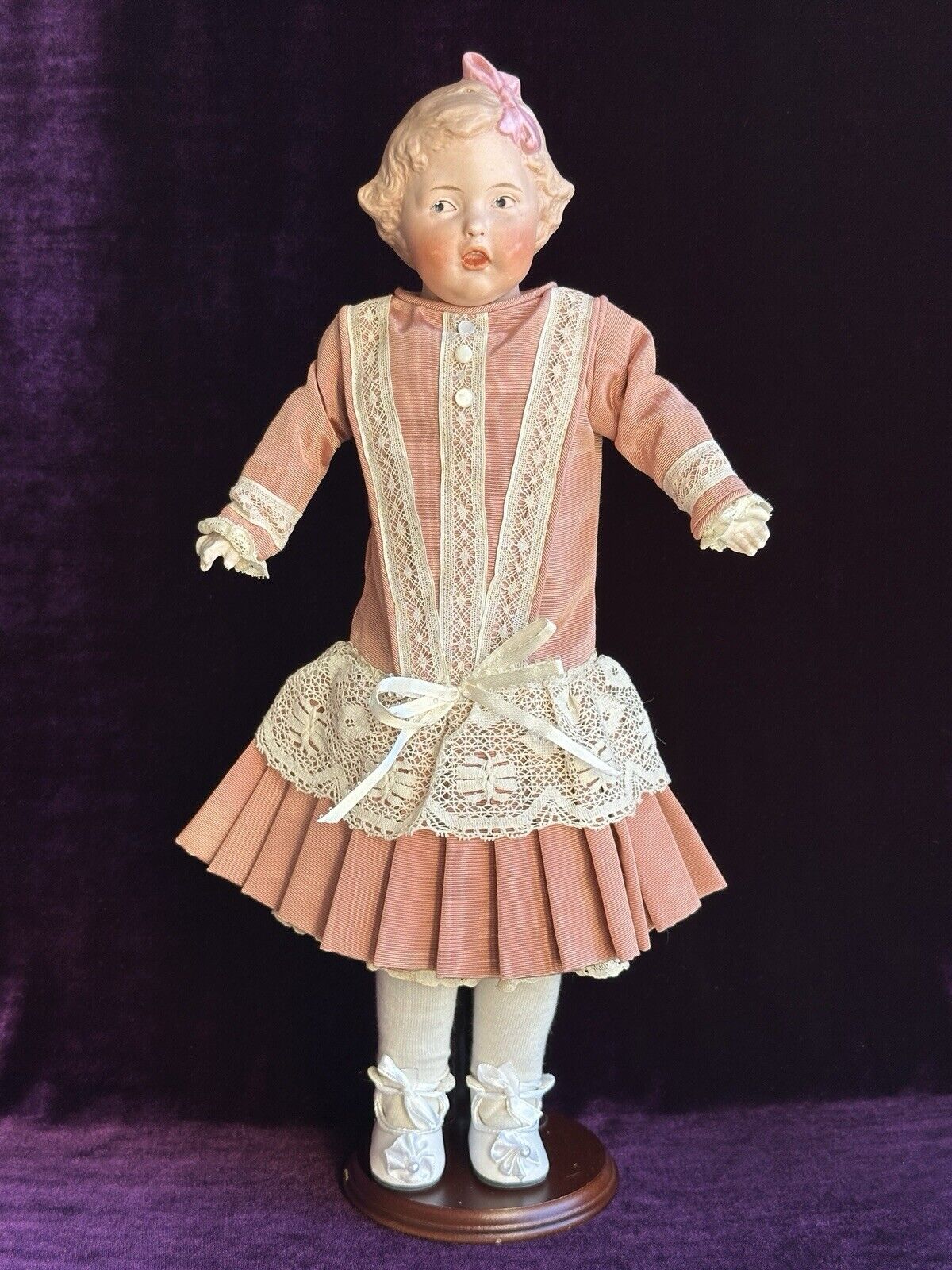 Rare Antique German Gebruder Heubach 7851 Pink Bow Bisque Head Girl Doll