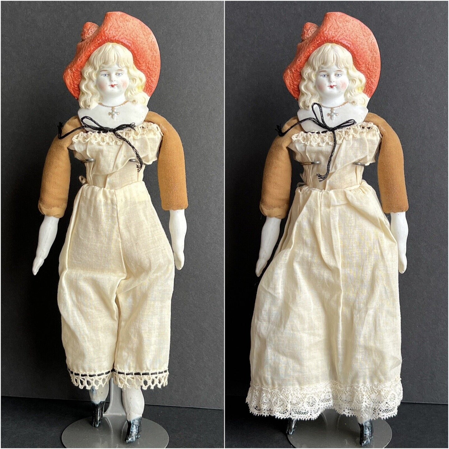 Antique German Hertwig 11.5” Molded Hat Bisque Shoulder Head Doll